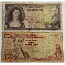 COLOMBIA 1977-1986 . TWO 2 and ONE HUNDRED 100 PESOS BANKNOTE